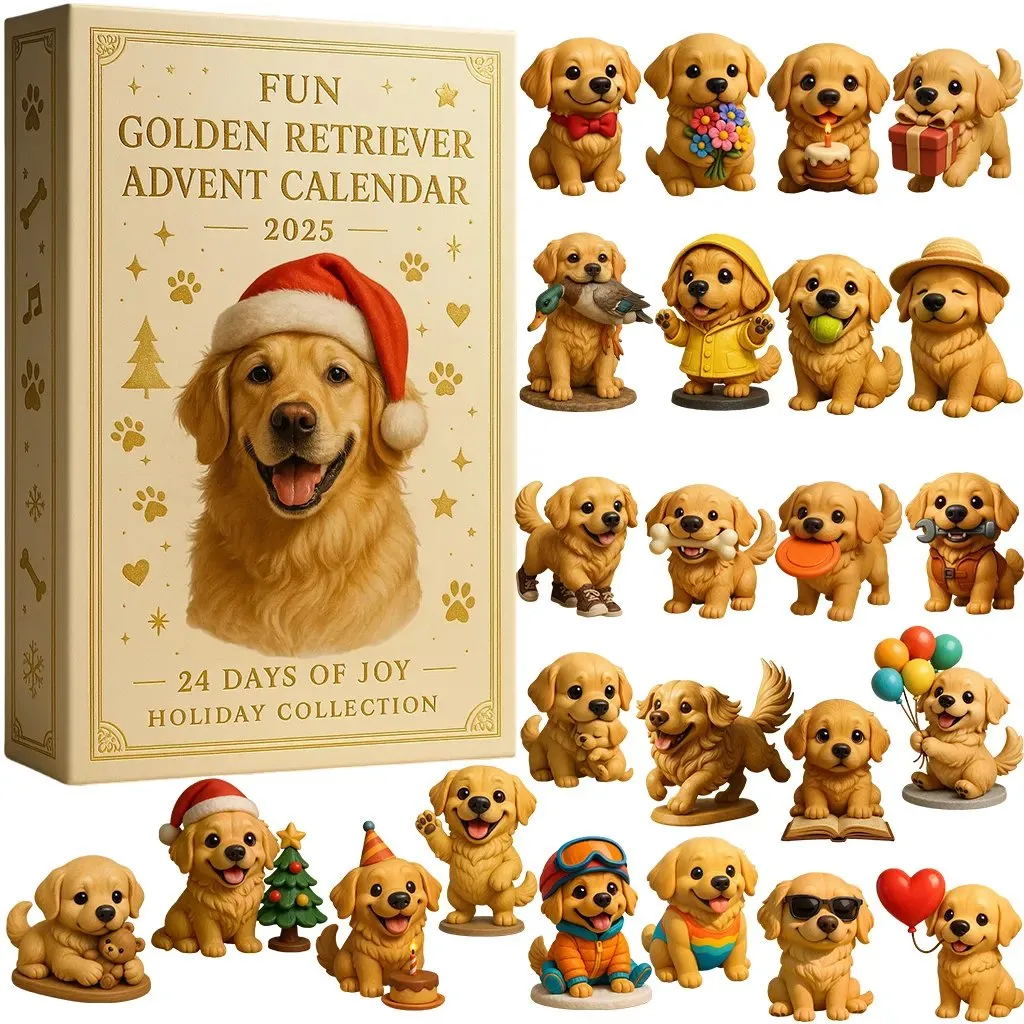 Zabawny kalendarz adwentowy z golden retrieverem na rok 2025