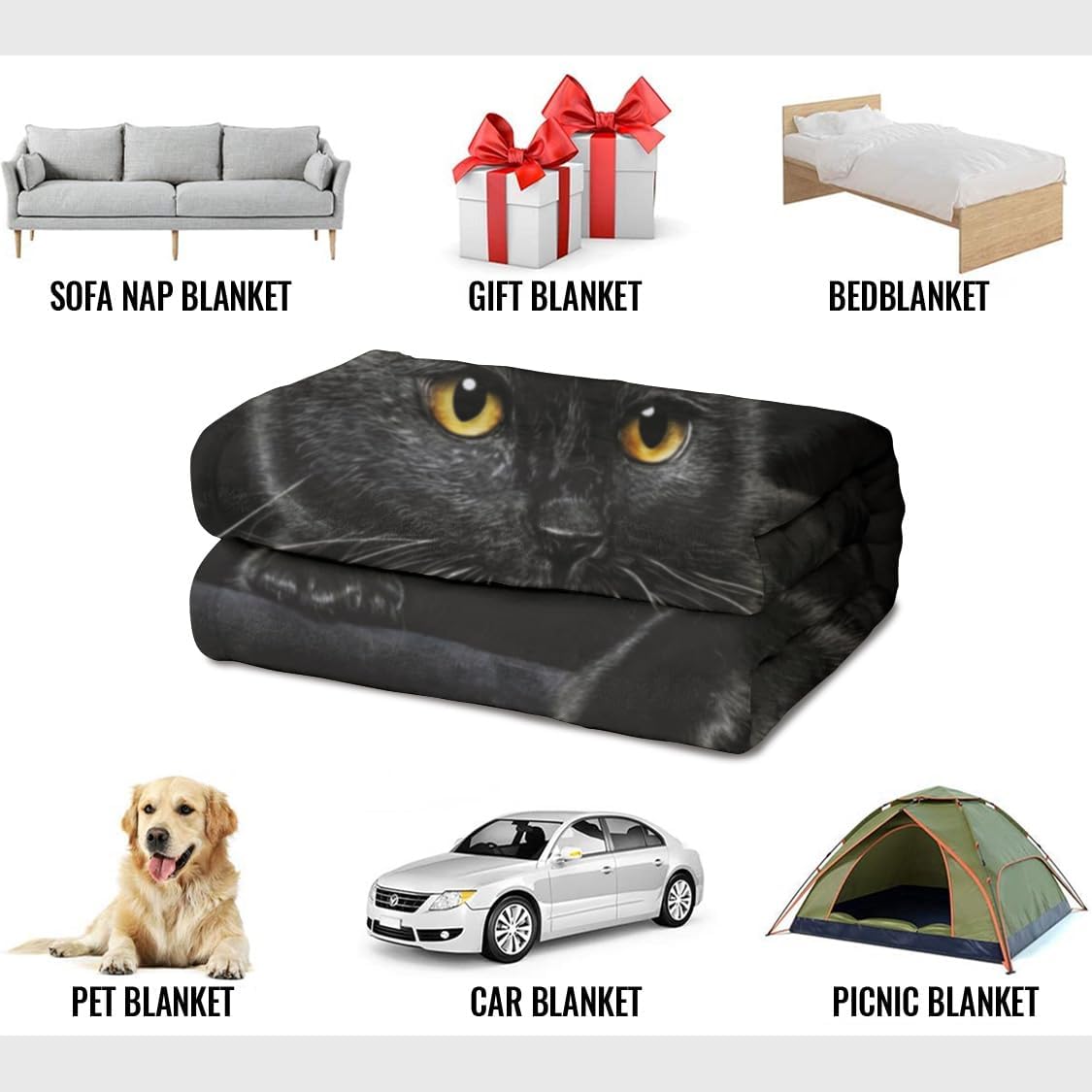Uroczy flanelowy koc z nadrukiem czarnego kota