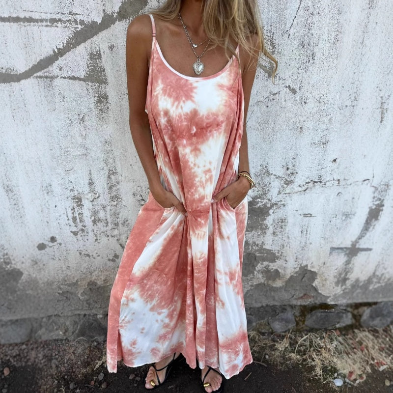 Sukienka damska tie-dye z nadrukiem i gradientem kolorów na ramiączkach typu spaghetti
