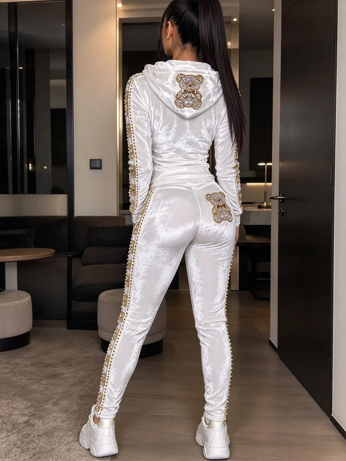 Women's Fashion Rhinestone Teddy Bear Two-Piece Set