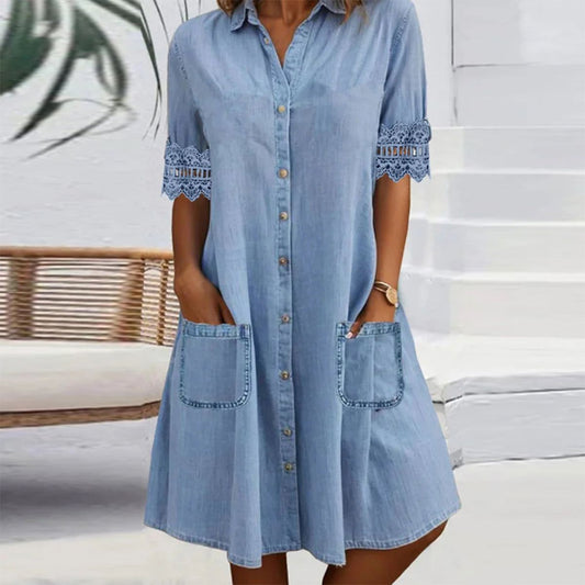 ⏳Niebieska prosta sukienka z kołnierzykiem i koronkowym wykończeniem w stylu jeansowym Mini
