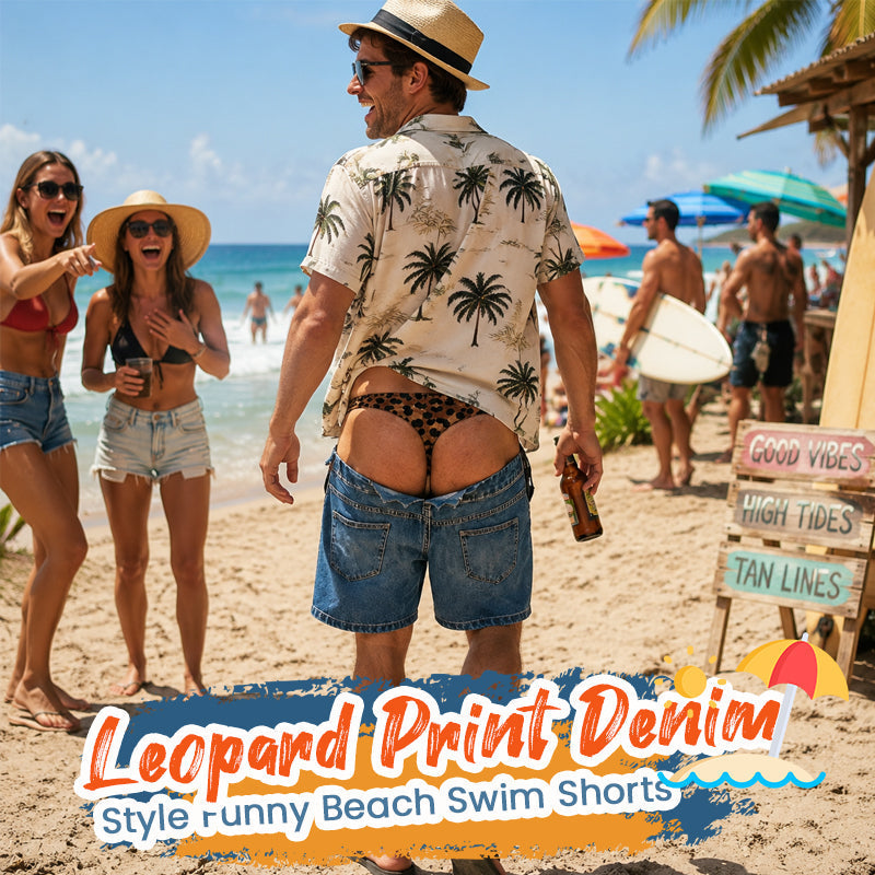 Zabawne dżinsowe szorty kąpielowe z nadrukiem w panterkę | Nowość Illusion Beach Trunks