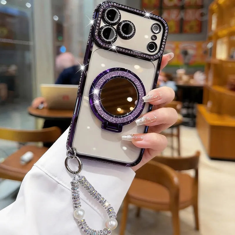✨💎Błyszczące diamentowe etui na telefon dla kobiet z lusterkiem i podstawką do iPhone'a 12/13/14/15/16/17 Pro Max, 17Air, 14/15/16 Plus💖