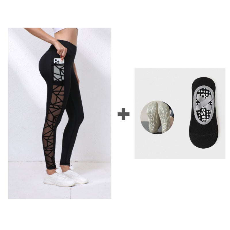 Damskie legginsy do jogi z wysokim stanem i kieszeniami, z siateczki
