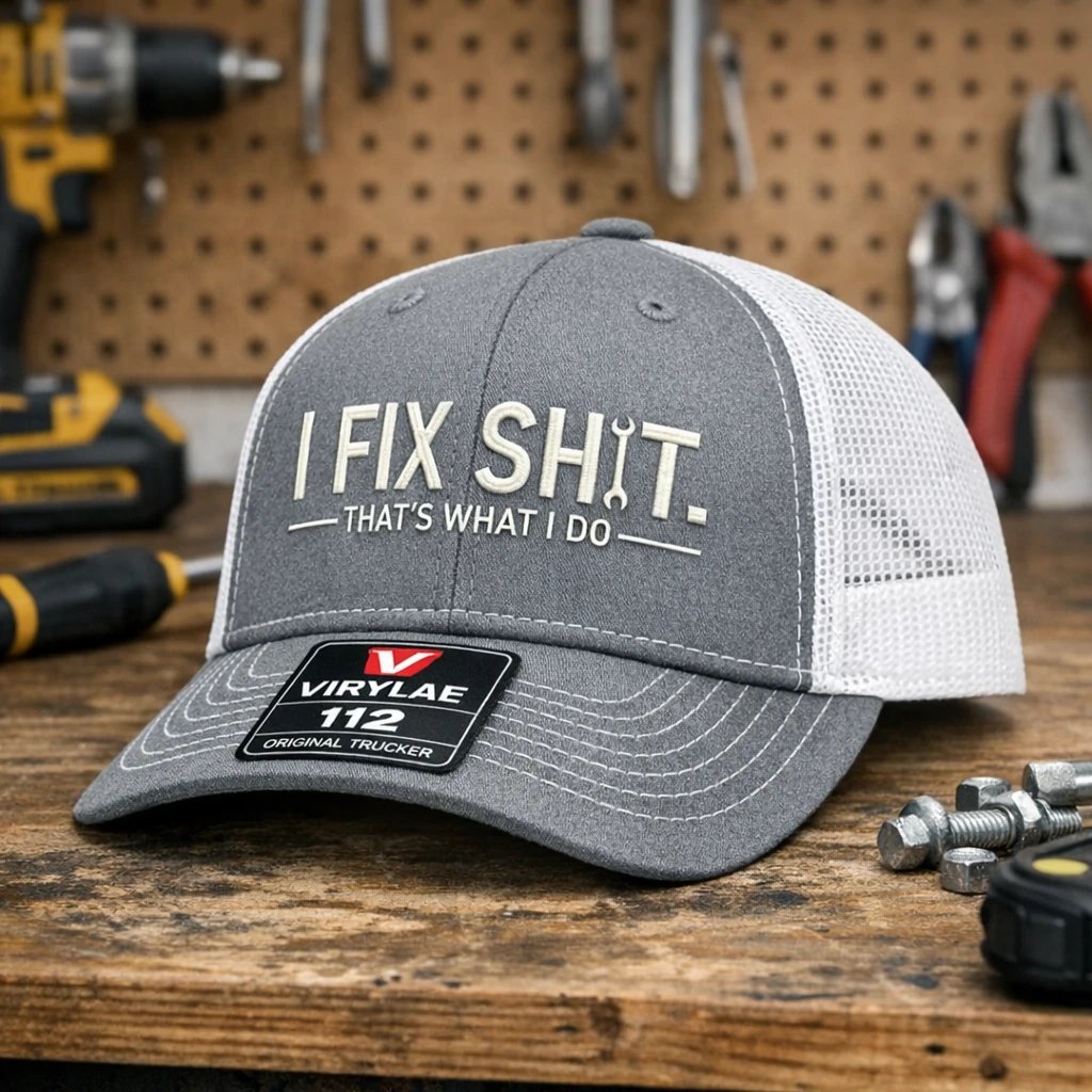 🛠️ Czapka truckerka „I Fix Shit” – zabawna czapka mechanika i naprawiacza