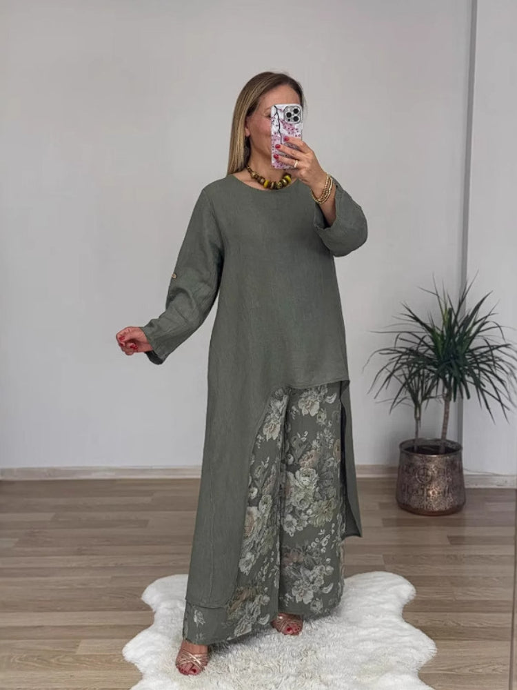 Casualowy nieregularny top i spodnie z szerokimi nogawkami Zestaw bawełny i lnu