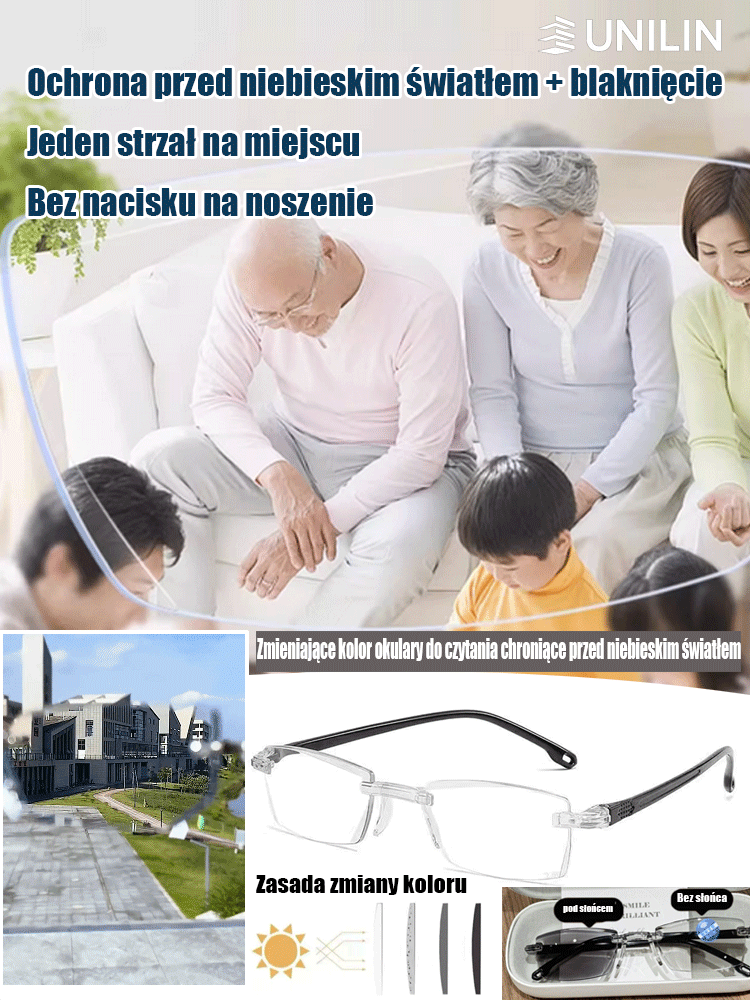 Zmieniające kolor okulary do czytania chroniące przed niebieskim światłem