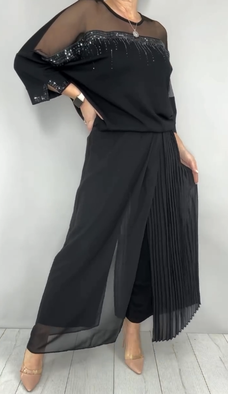 Komplet: top z siateczkowymi panelami i plisowanymi spodniami z szerokimi nogawkami