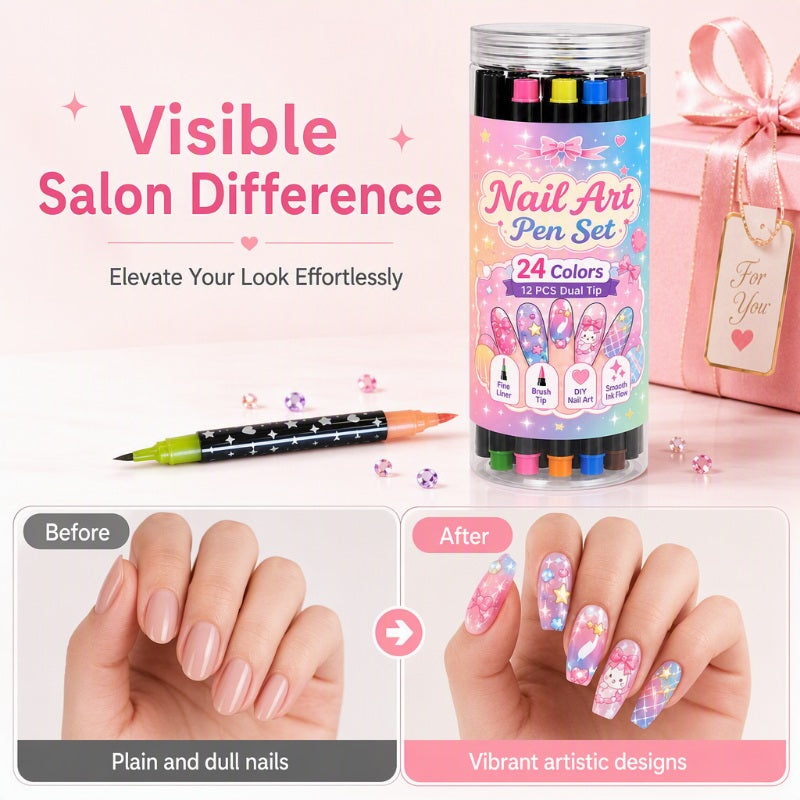 💅 OGRANICZONA CZASOWO ZNIŻKA 50%! 💥 Zestaw 24 kolorowych dwustronnych pisaków do zdobienia paznokci – kreatywne, jakości salonowej, łatwe do zrobienia samemu ✨