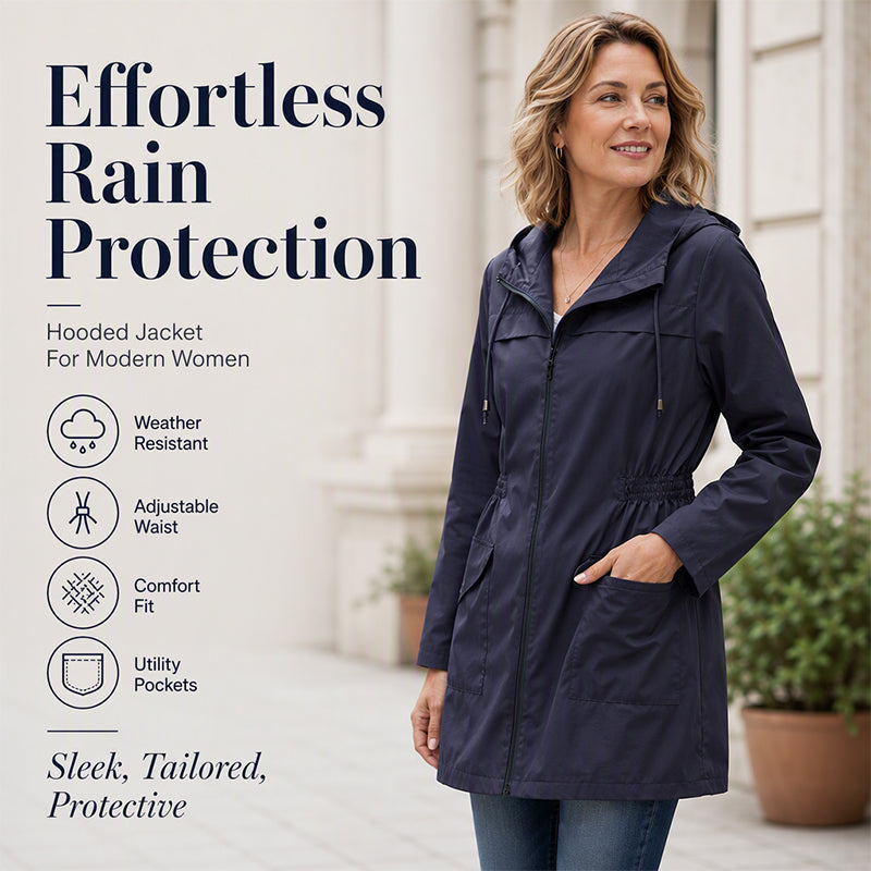🌧️✨ Damska wodoodporna wiatrówka z kapturem – regulowana talia, praktyczne kieszenie i stylowa odzież przeciwdeszczowa