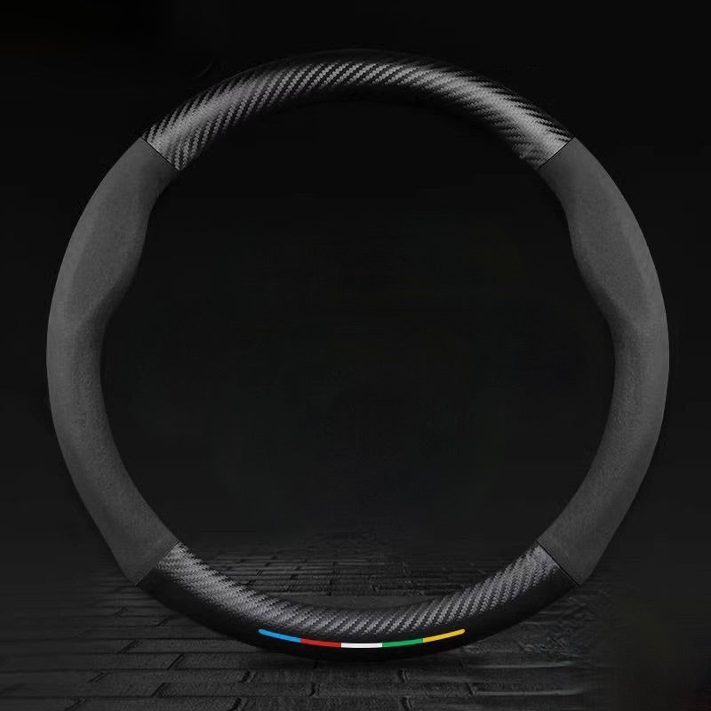 TrackVibe | Czarny pokrowiec na kierownicę z zamszu węglowego – antypoślizgowy i odporny na zużycie