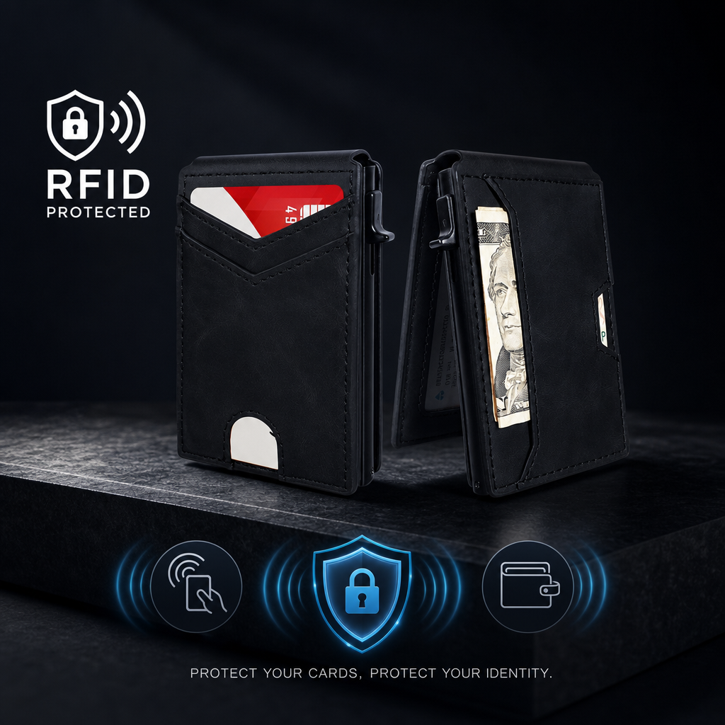 Smukły portfel RFID dla mężczyzn – wysuwany uchwyt na karty z klipsem na pieniądze i dwoma okienkami na dokumenty