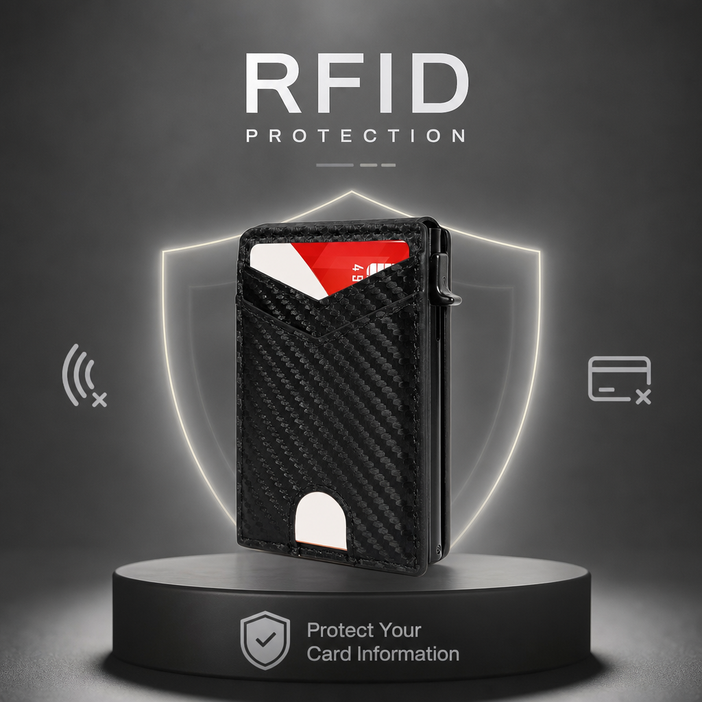 Smukły portfel RFID dla mężczyzn – wysuwany uchwyt na karty z klipsem na pieniądze i dwoma okienkami na dokumenty