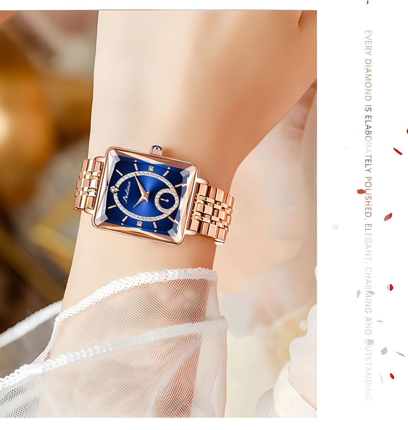 💎Modny kwadratowy damski zegarek z różowego złota z diamentami