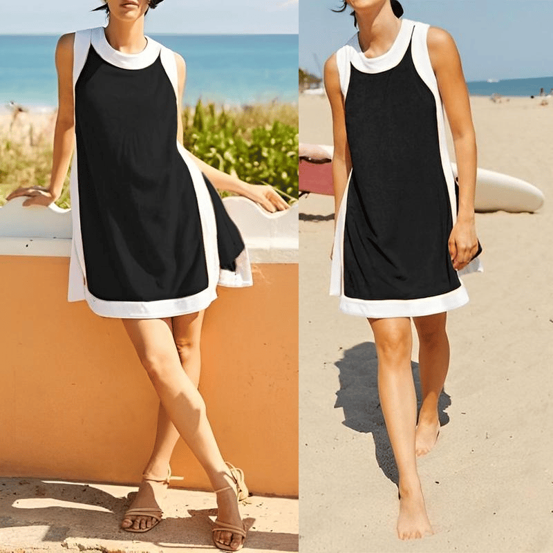 👗Damskie, casualowe, bezrękawnikowe szorty w blokach kolorów z kieszeniami🥰