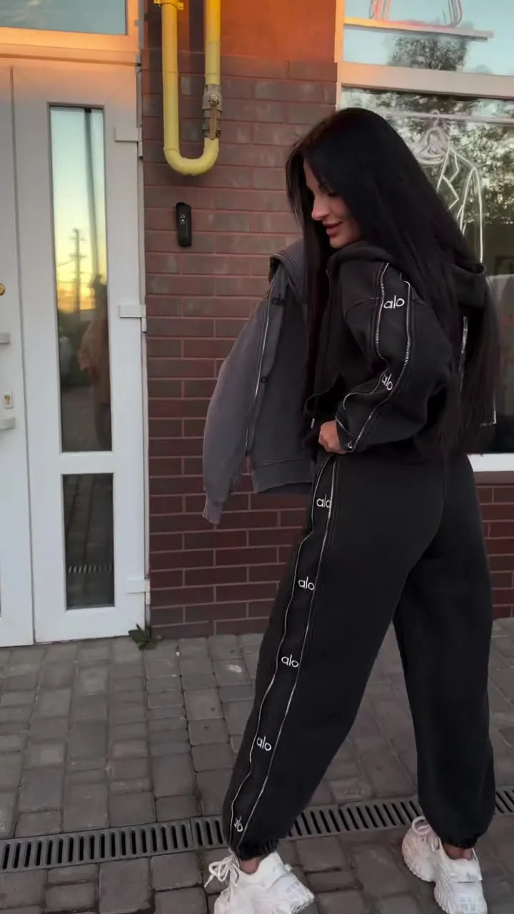Acid-wash zip-up hoodie and sweatpants set with letter-print piping