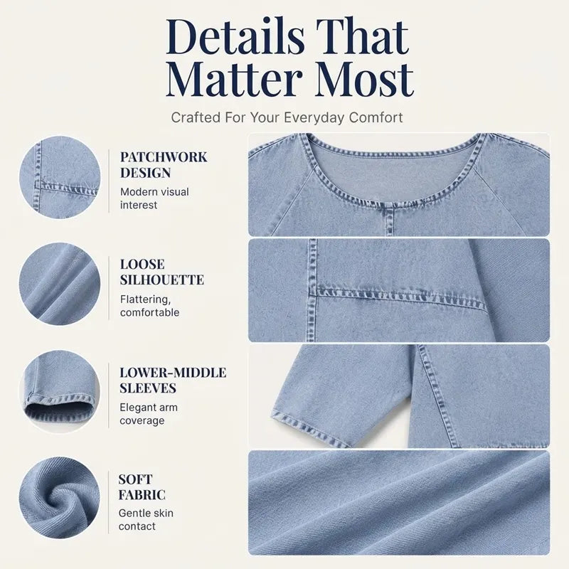 👚✨ Casualowy T-shirt dżinsowy z nadrukiem i ozdobnymi szwami – luźny krój, styl oversize, dżinsowy niebieski👌🌿