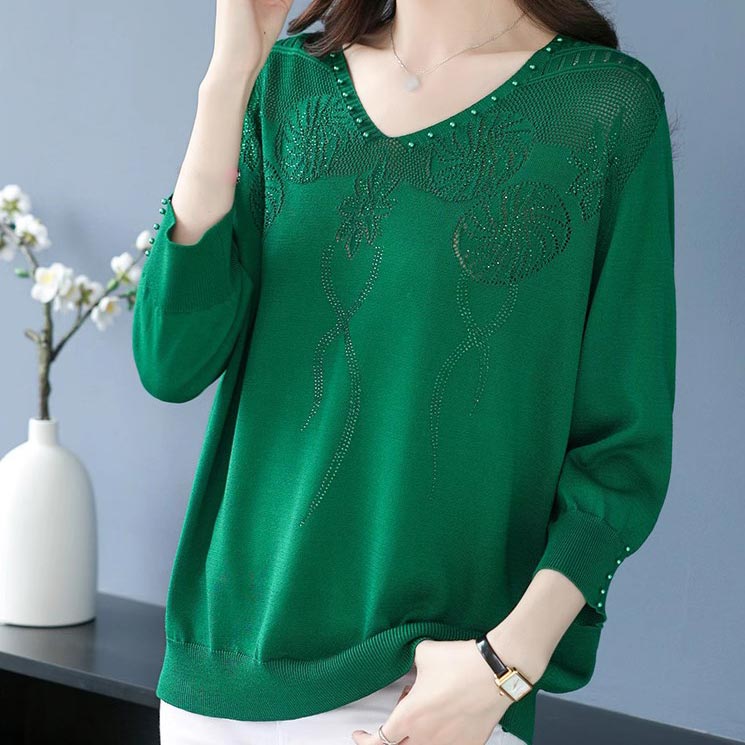 💖Damski sweter w stylu vintage z koralikami i dekoltem w serek