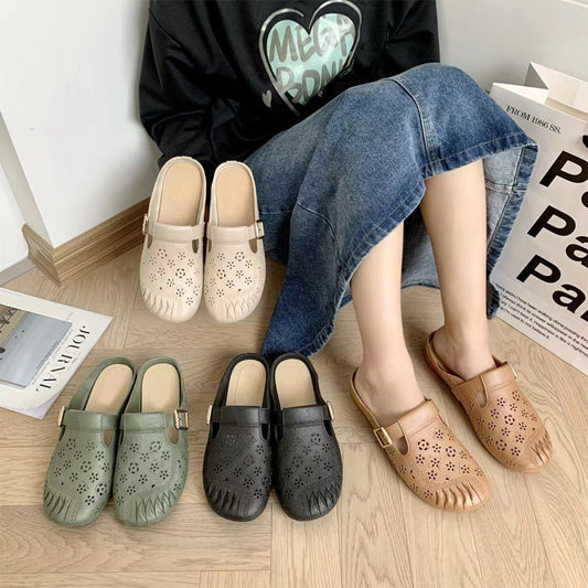 Okrągłe, wydrążone, rzeźbione kwiaty, damskie kapcie na niskim obcasie