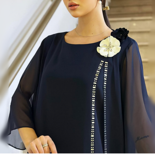 🌸✨【S-4XL】Siateczkowa sukienka damska z okrągłym dekoltem i kwiatowym akcentem
