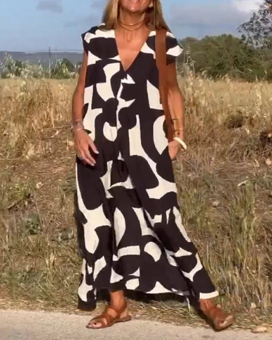 💕Sukienka z nadrukiem bez rękawów z dekoltem V