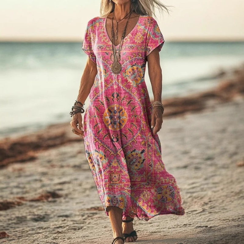 ✨Damska sukienka z krótkim rękawem i nadrukiem V-Neck