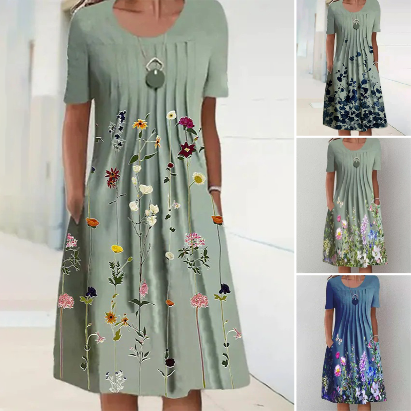 【S-3XL】👗Sukienka w kwiaty z okrągłym dekoltem