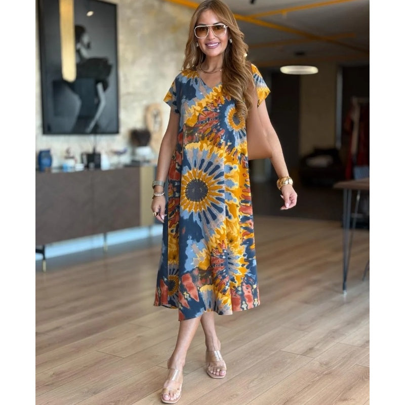 🤩Damskie luźne sukienki z dekoltem w serek i nadrukiem