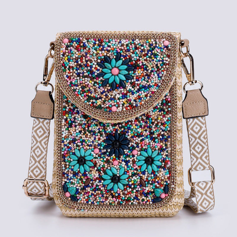 Boho Chic Mała Słomiana Torebka z Koralikami