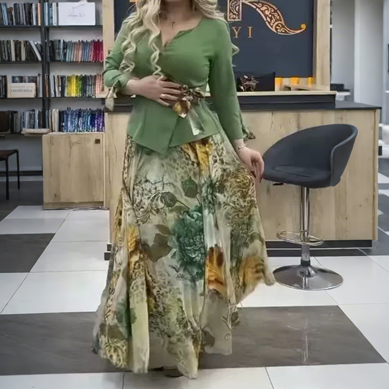 💜Elegancki top i spódnica z motywem kwiatowym, dwuczęściowy komplet