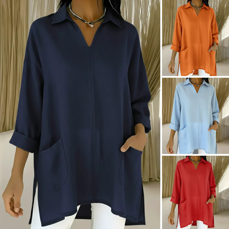 ✨🔥 Nowość na rok 2026 – Damska tunika z dekoltem w serek i kołnierzykiem, z kieszeniami 👚