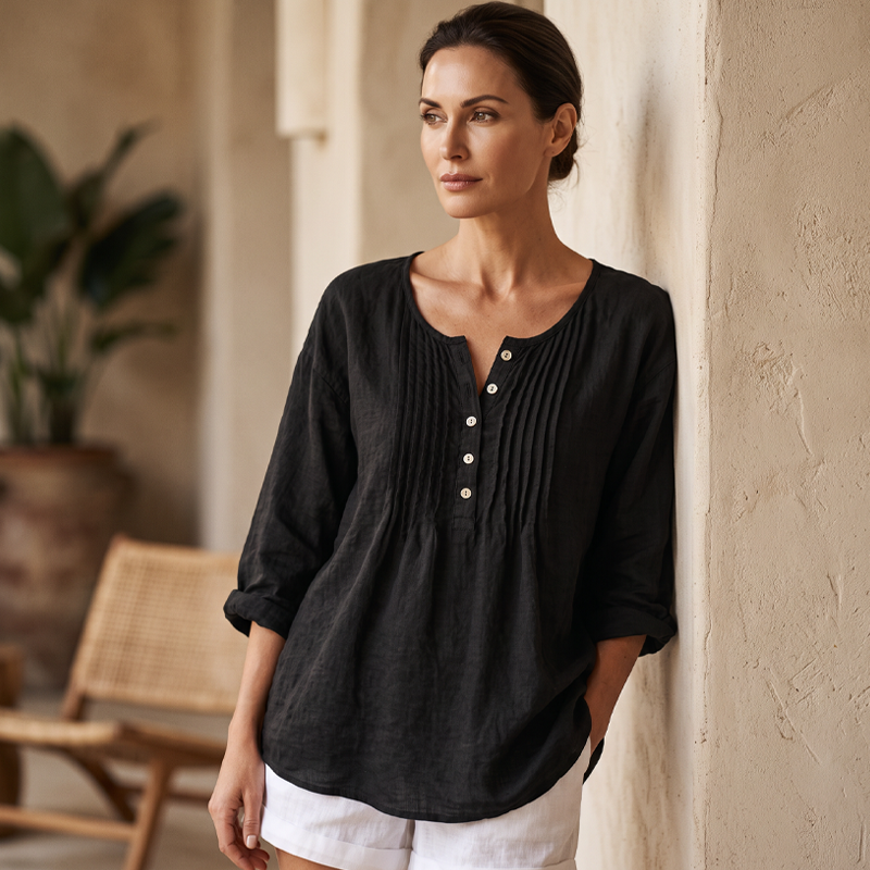⌛Oferta ograniczona czasowo – Bluzka damska z długim rękawem, plisowana, z dekoltem henley